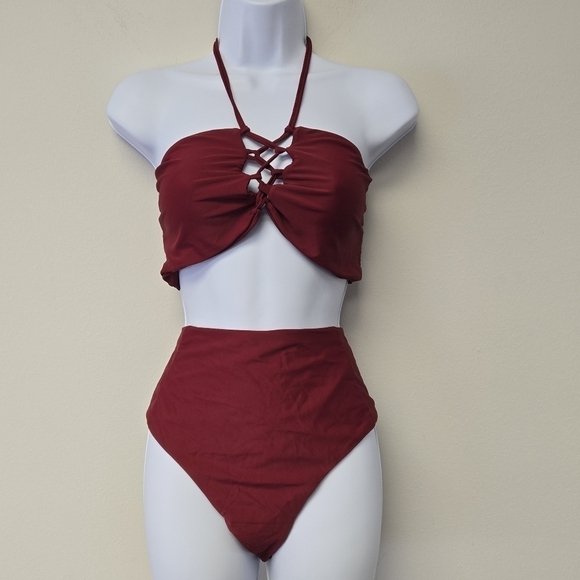 Zaful Bandeau High Waisted 2 pc Bikini Set Red L / 14 - Picture 1 of 7